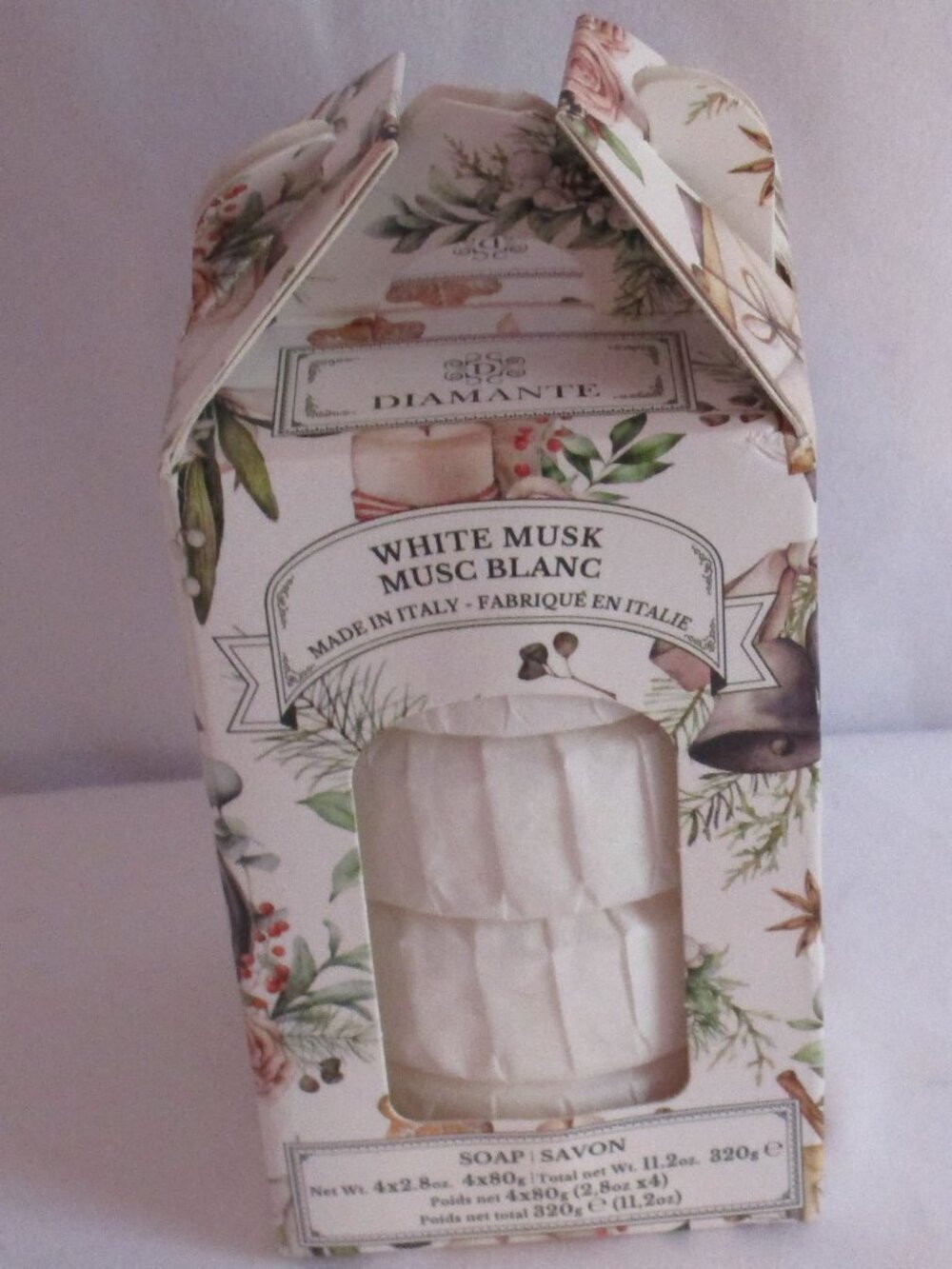 DIAMANTE WHITE MUSK Veg. Based Round Individually Wrapped Soaps 4x2.8 oz. Italy